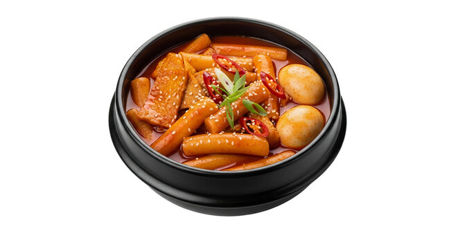 Traditional Korean Spicy Rice Cakes Tteokbokki with Boiled Eggs and Fish Cakes in a Black Bowl Isolated on White Background