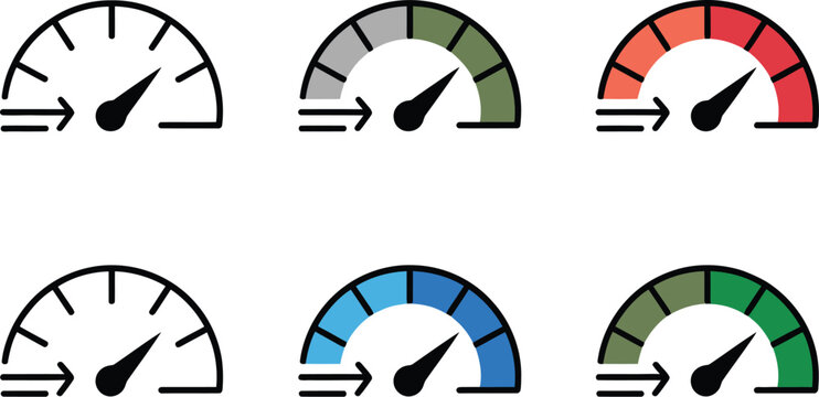 High speed performance icon dynamic gauge with motion lines and arrows representing acceleration efficiency rapid movement vector illustration