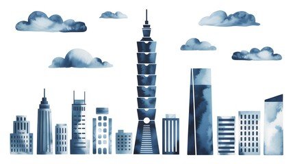 Naklejka premium Modern skyscrapers and Taipei 101 illustration