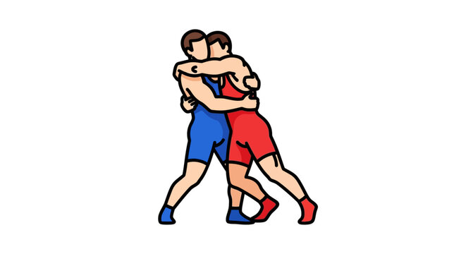 Two wrestlers in red and blue singlets engaged in a match, demonstrating strength and agility in a dynamic combat sport