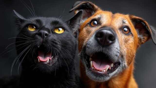 Funny close up of a black cat and a dog looking surprised with their mouths open in excitement.