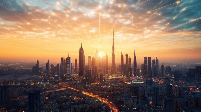 Smart megacity at golden hour with radiant communication lines linking buildings futuristic data exchange concept seamless connectivity vibrant skyline cinematic lighting