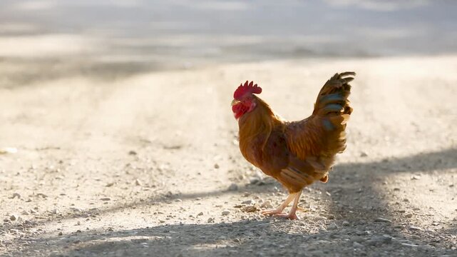 Two roosters walking on a dusty path in warm sunlight, showcasing rural farm life.