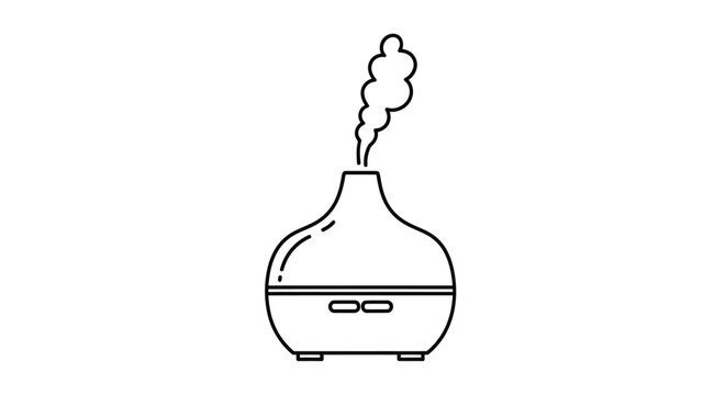Line art illustration of an essential oil diffuser emitting steam, used for aromatherapy and humidification.