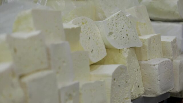 A close-up view of various types of cheese blocks displayed on a market counter, showcasing their textures and natural appearance.
