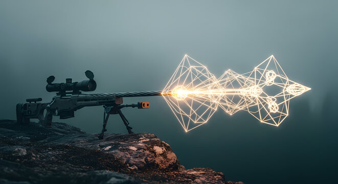 Futuristic Sniper Rifle Firing Glowing Geometric Energy Beam in Fog