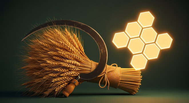 Golden wheat bundle with vintage sickle and glowing honeycomb shapes