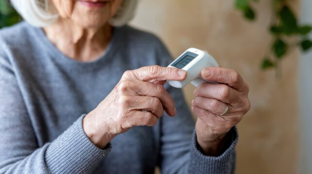 Close up of senior woman hand using pulse oximeter device to measure blood oxygen level and heart rate in home healthcare monitoring