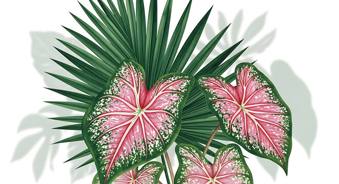 Tropical foliage arrangement with vibrant pink and green caladium leaves and palm fronds, botanical illustration, nature decor elements