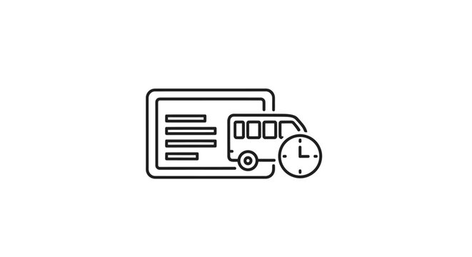 Icon depicting a bus schedule or transport booking on a digital tablet with a clock for timing.