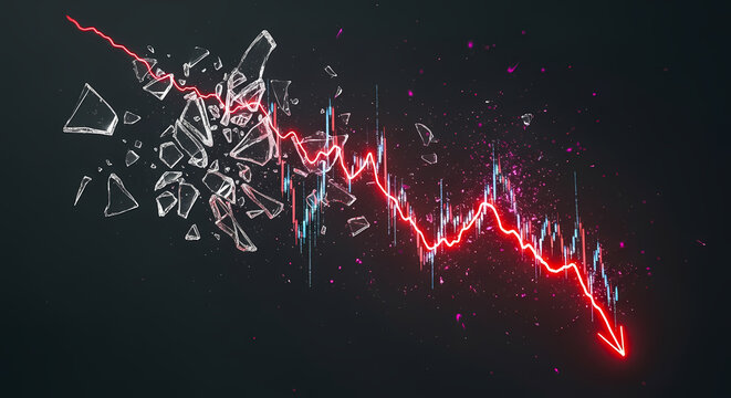 Global Stock Market Crash Concept with Red Arrow and Shattered Glass