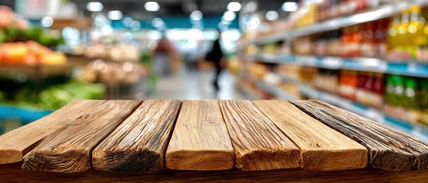 Wooden Table in Grocery Store: A detailed shot of an empty wooden table with blurred shelves. Perfect for product displays or showcasing grocery items.