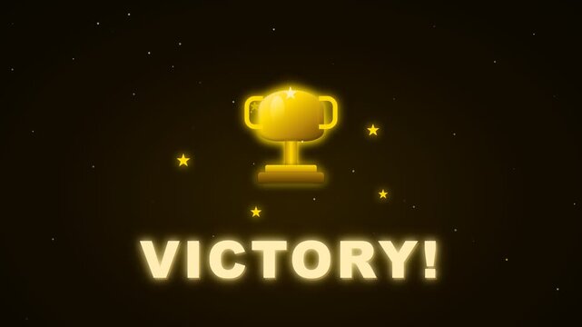 Golden Trophy Cup with Victory Text and Glowing Stars on Dark Background for Gaming and Success Achievement Motion Graphic Animation