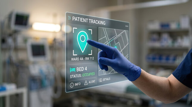 Patient tracking interface with medical hand interacting on digital screen showing bed status occupied in hospital ward room, advanced healthcare technology for patient monitoring