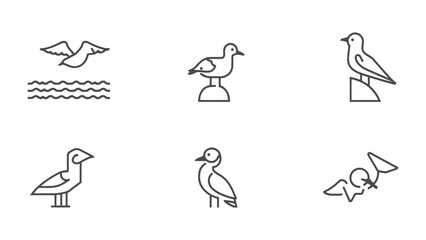 Obraz premium Seagull Icon Set: A minimalist icon set presents a variety of seagull depictions, each with clean lines and a modern aesthetic, perfect for web design and branding needs.