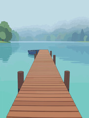Fototapeta premium Serene Wooden Pier on Calm Lake with Forest