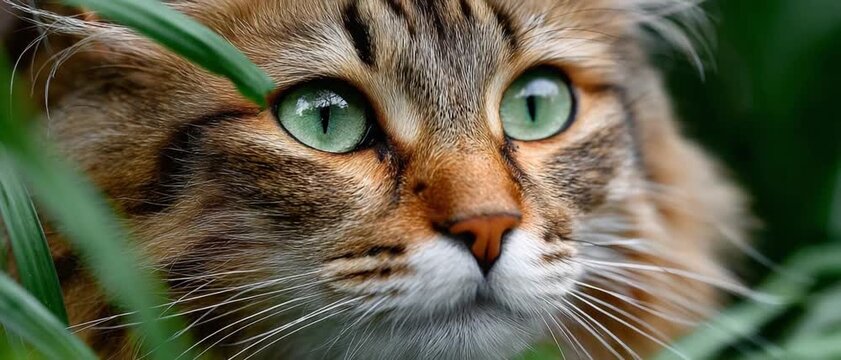 Mystical Cat in the Greens: Close-up of a captivating cat with mesmerizing green eyes and a thick, patterned coat, partially hidden amongst lush green foliage.
