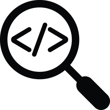 Code Search Icon with Magnifying Glass, Programming Symbol, Developer Tool Vector Illustration