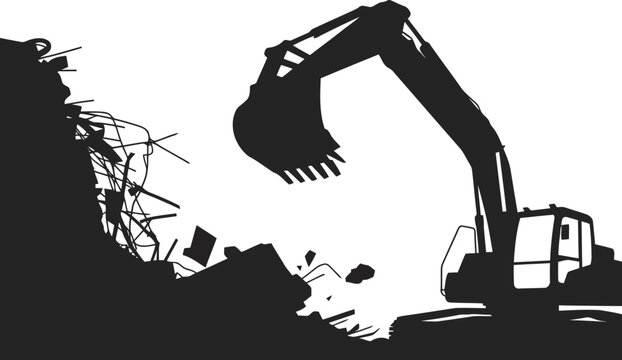 Black silhouette of a powerful excavator machinery working at a busy construction site clearing heavy debris