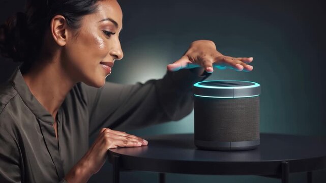 Woman interacts with illuminated smart speaker, demonstrating intuitive voice assistant technology and modern home control.