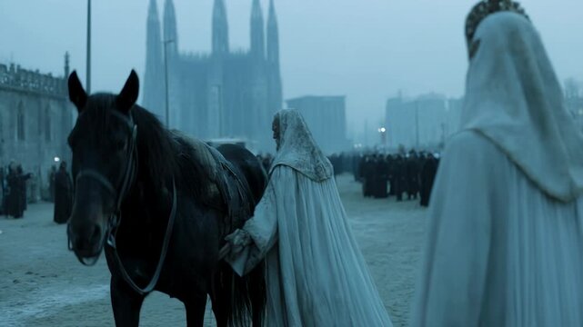 Woman in hooded cloak leads horse procession near gothic cathedral in fog. Historical medieval street scene with cloaked crowd approaching ancient architecture.