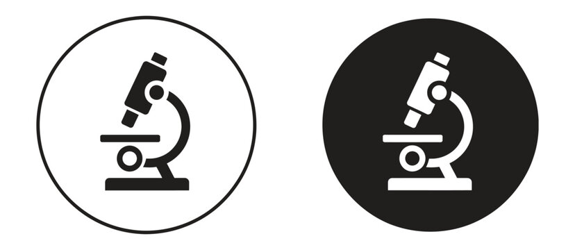 Microscope icon set black and white circular lab symbol vector designs for science research, education, and laboratory analysis concepts