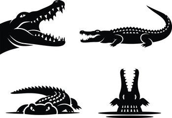 Naklejka premium Black silhouettes of crocodiles in different poses white background reptiles