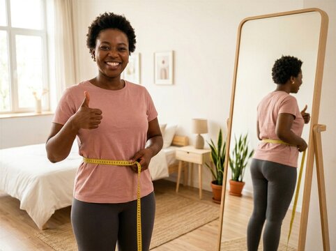 Woman measuring waist with tape measure smiling at mirror in modern bedroom