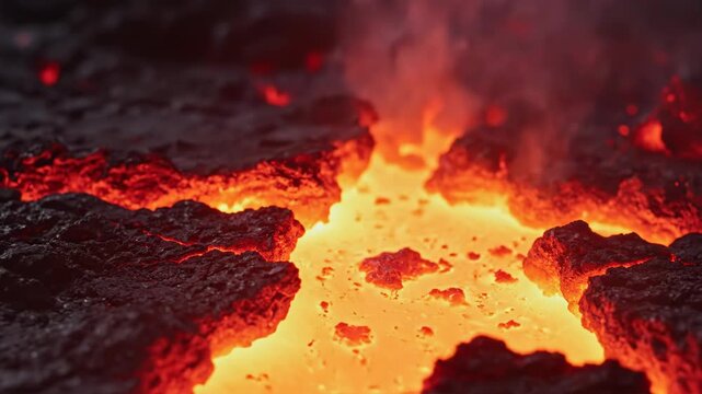 Macro detail of molten lava erupting through cracks in dark volcanic rock, creating bright orange sparks and glowing embers with intense heat and high contrast lighting.