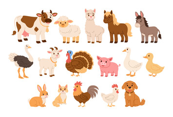 Fototapeta premium Farm Animals Set - Cow, Sheep, Alpaca, Horse, Donkey, Ostrich, Goat, Turkey, Pig, Goose, Duck, Rabbit, Cat, Rooster, Chicken and Dog. Cute Pets Flat Vector Illustration.