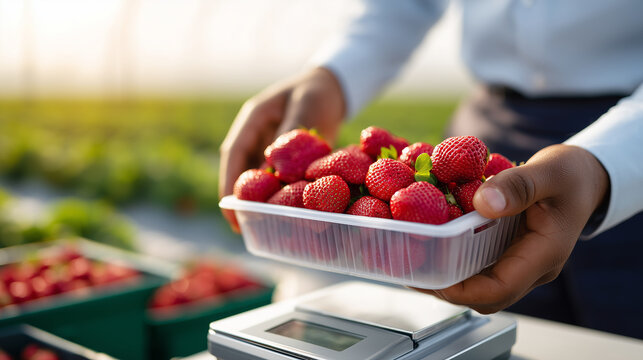 Faceless individual using a digital scale to weigh a box of strawberries in a field tent, representing the measurement of piecework and quality control, bright outdoor light, blurr