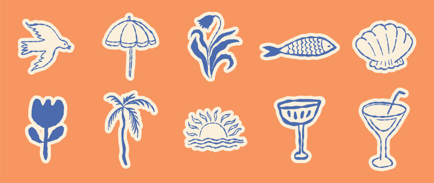 Vector hand drawn sketch doodle illustrations in naive art style, summer sea and beach vacation theme, stickers 