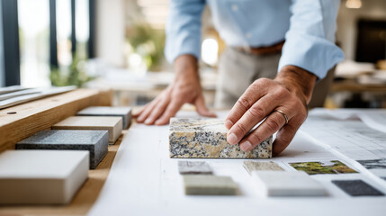 Fototapeta premium A professional photo in the style of an architectural firm: plans, lined-up stone samples, natural light, a studio atmosphere, hands exploring veins