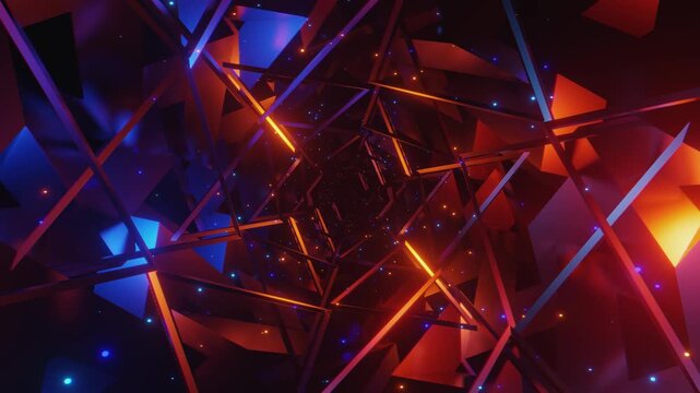 A high-octane seamless VJ loop featuring an infinite journey through a complex industrial tunnel with rotating metallic plates, golden sparks, and glowing blue and orange energy lines