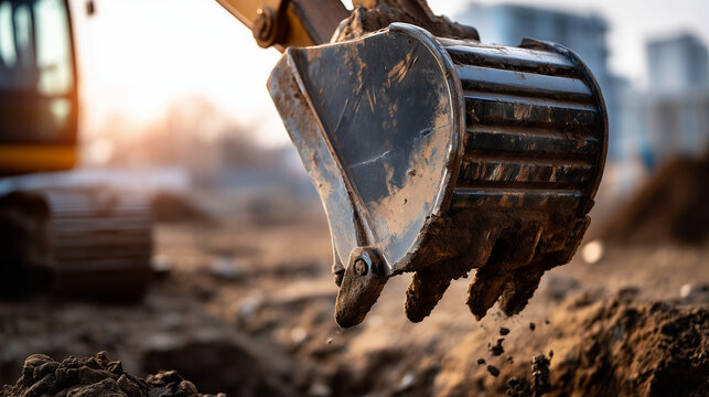 Close-up of an excavator bucket teeth biting into dark soil, representing power and efficiency in excavation, loose earth falling, bright natural light, blurred construction site b