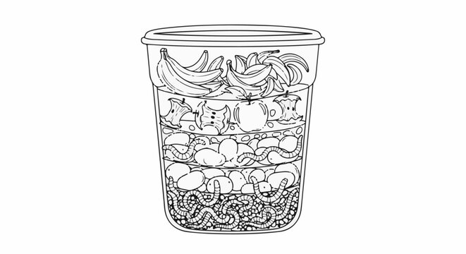 Layered container with fruits, apple cores, and segmented organisms