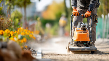 Fototapeta premium Faceless worker operating a plate compactor on a leveled gravel surface, representing soil stabilization and base preparation, dust and vibration effects, bright daylight, blurred