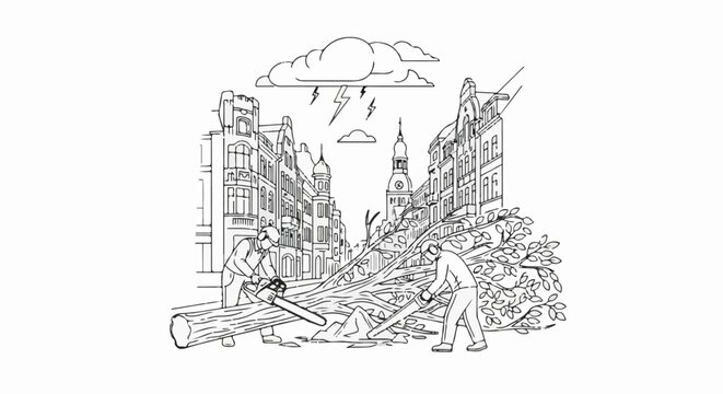 Workers clear debris after a severe storm damages a city street