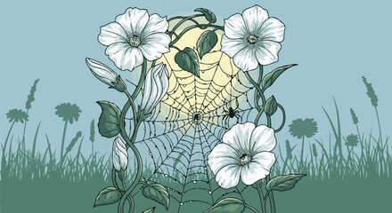 Fototapeta premium White morning glories entwine around a dew-kissed spiderweb under a soft moon