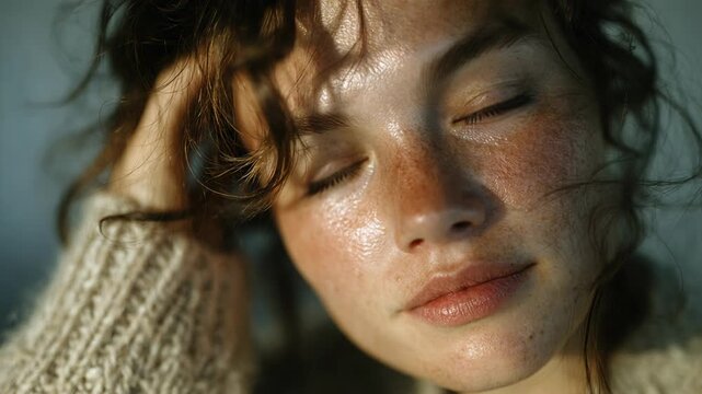 Close-up sequence of a woman with freckles and green eyes gazing thoughtfully. Subtle expressions changing in warm light on her face. Natural beauty and serene mood portrait concept.