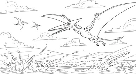 Pterodactyl Flying Over Ocean Waves Coloring Page Vector Illustration Featuring Prehistoric Flying Dinosaurs and Clouds for Kids Activity Book Design © MostAnzuara