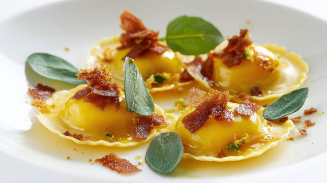 transparent liquid egg yolk raviolo with brown butter sauce