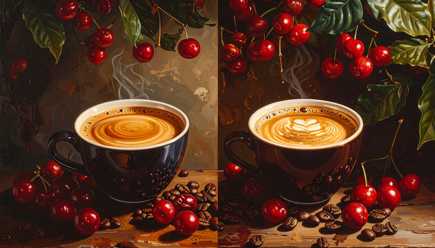 Coffee cups with cherries composition