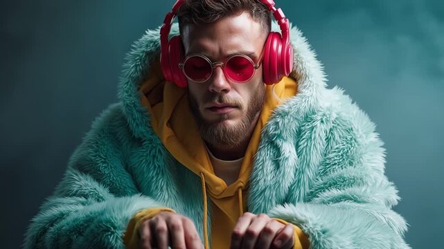 Stylish Man Wearing Pink Headphones And Fuzzy Turquoise Jacket Enjoying Electronic Music.