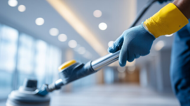 Faceless worker in protective gloves using a pole sander with a vacuum attachment on a ceiling, representing dust-free renovation and safety standards, soft indoor light, blurred m