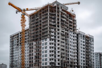 Fototapeta premium Tall unfinished concrete building with cranes against a cloudy sky