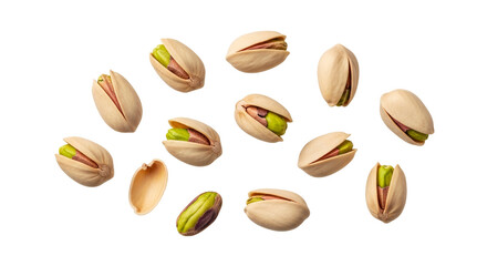 Obraz premium Roasted Pistachio Nuts in Shell and Peeled Isolated on White Background, Falling Salty Pistachios Healthy Snack Concept