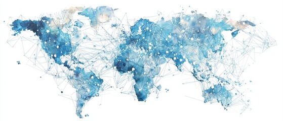 Fototapeta premium Watercolor painted world map formed by interconnected network points digital highways and light paths technology globalization concept with calm blue tones. 