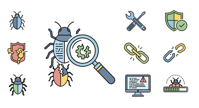 Set of colorful digital icons representing computer virus protection and cybersecurity concepts.