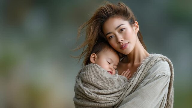 Young asian mother holding sleeping baby in a sling wrap against soft natural background.